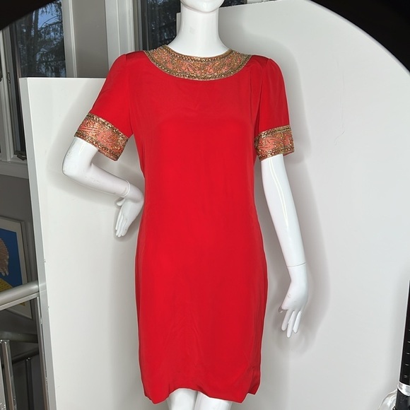 Bob Mackie Sz 8 Red Shift Beaded Collar and Cap Sleeve Dress - Picture 2 of 8